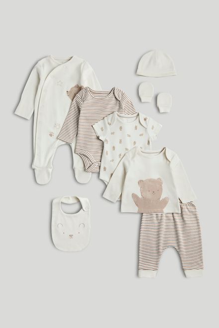Mothercare / Комплект слип, боди 2 шт., брюки, лонгслив, фартук нагрудный, варежки-царапки и шапка унисекс