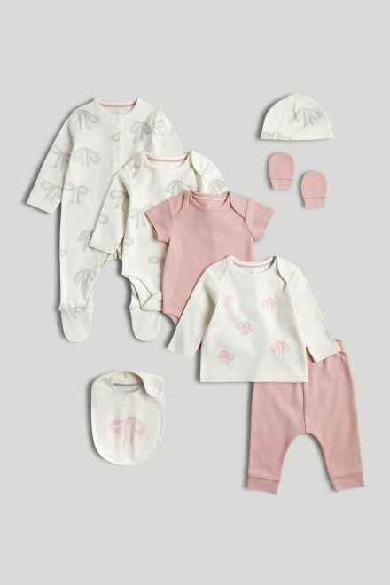 Mothercare / Комплект слип, боди 2 шт., брюки, лонгслив, фартук нагрудный, варежки-царапки и шапка для девочки