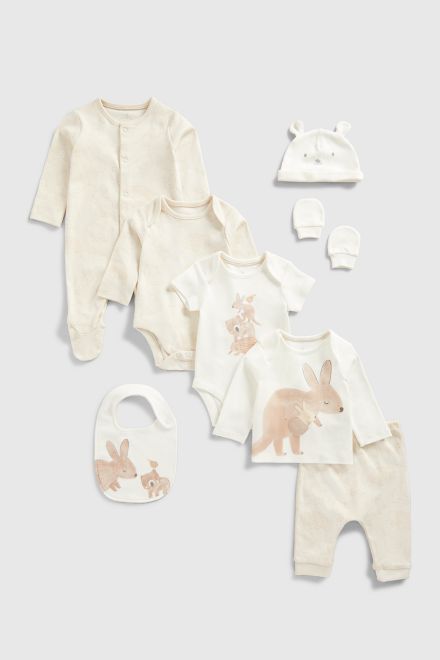 Mothercare / Комплект слип, боди 2 шт., брюки, джемпер трикотажный, фартук нагрудный, варежки-царапки и шапка унисекс