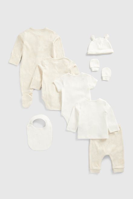 Mothercare / Комплект слип, боди 2 шт., брюки, джемпер трикотажный, фартук нагрудный, варежки-царапки и шапка унисекс
