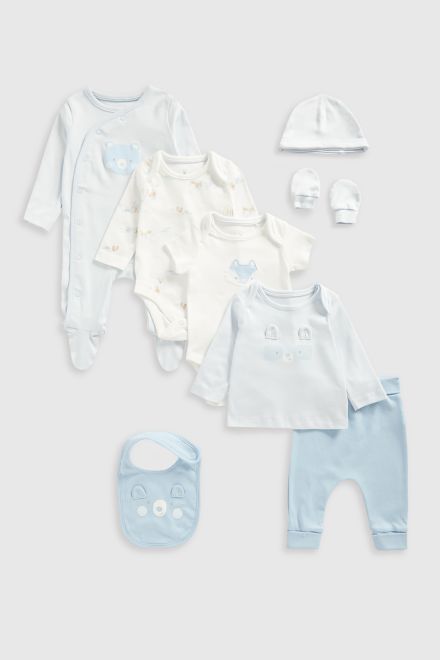 Mothercare / Комплект слип, боди 2 шт.,брюки, лонгслив, фартук нагрудный, варежки-царапки и шапка для мальчика