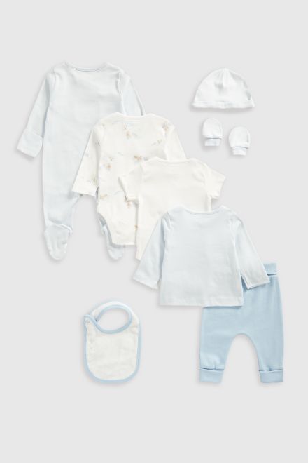 Mothercare / Комплект слип, боди 2 шт.,брюки, лонгслив, фартук нагрудный, варежки-царапки и шапка для мальчика