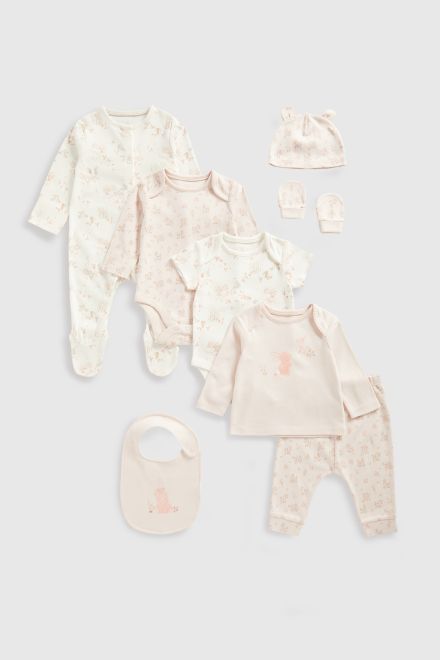 Mothercare / Комплект слип, боди 2 шт., брюки, джемпер трикотажный, фартук нагрудный, варежки-царапки и шапка для девочки