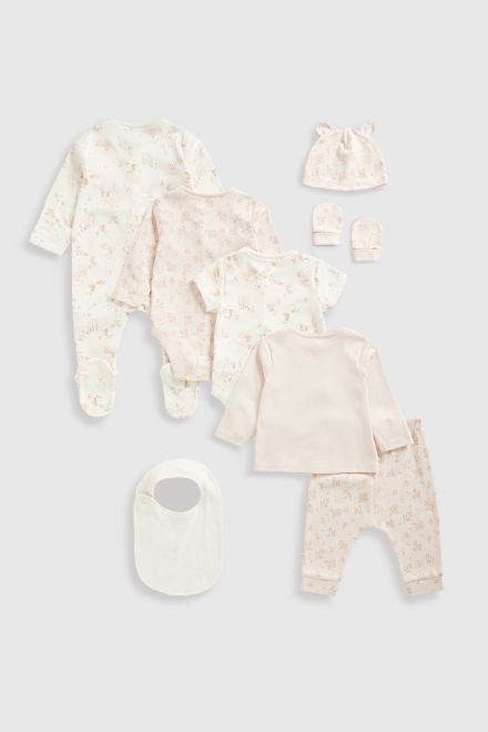 Mothercare / Комплект слип, боди 2 шт., брюки, джемпер трикотажный, фартук нагрудный, варежки-царапки и шапка для девочки