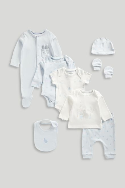 Mothercare / Комплект слип, боди 2 шт., брюки, лонгслив, фартук нагрудный, варежки-царапки и шапка для мальчика