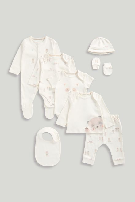 Mothercare / Комплект слип, боди 2 шт., брюки, лонгслив, фартук нагрудный, варежки-царапки и шапка унисекс