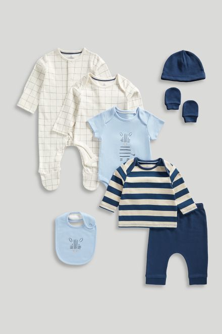 Mothercare / Комплект слип, боди 2 шт., брюки, лонгслив, фартук нагрудный, варежки-царапки и шапка для мальчика
