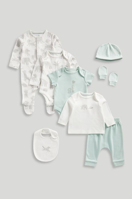 Mothercare / Комплект слип, боди 2 шт., брюки, лонгслив, фартук нагрудный, варежки-царапки и шапка для мальчика