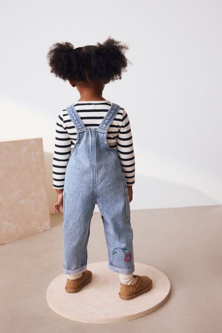 Next / Комплект лонгслив и полукомбинезон джинсовый с принтом для девочки