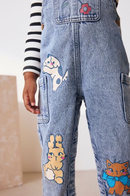 Next / Комплект лонгслив и полукомбинезон джинсовый с принтом для девочки