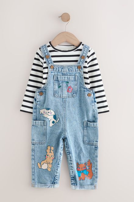 Next / Комплект лонгслив и полукомбинезон джинсовый с принтом для девочки