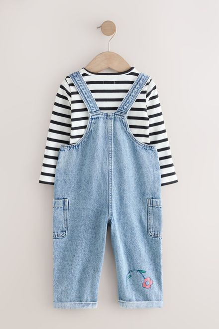 Next / Комплект лонгслив и полукомбинезон джинсовый с принтом для девочки