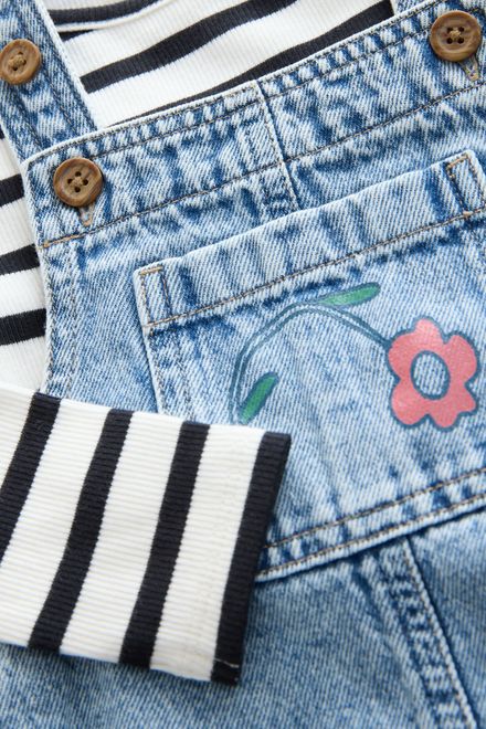 Next / Комплект лонгслив и полукомбинезон джинсовый с принтом для девочки