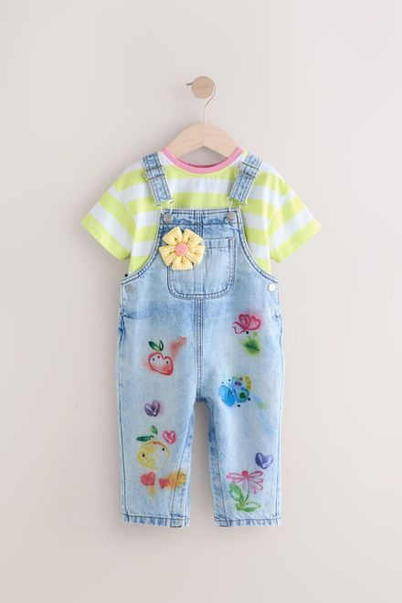 Next / Комплект футболка и полукомбинезон джинсовый с аппликацией для девочки - фото 5