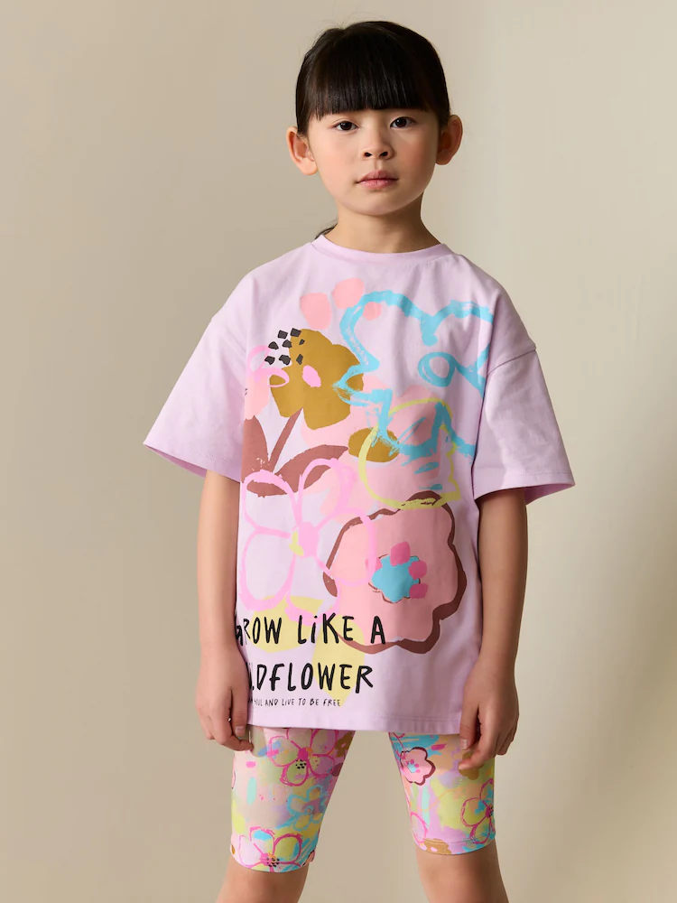 Next / Комплект футболка и велосипедки с принтом для девочки - фото 2